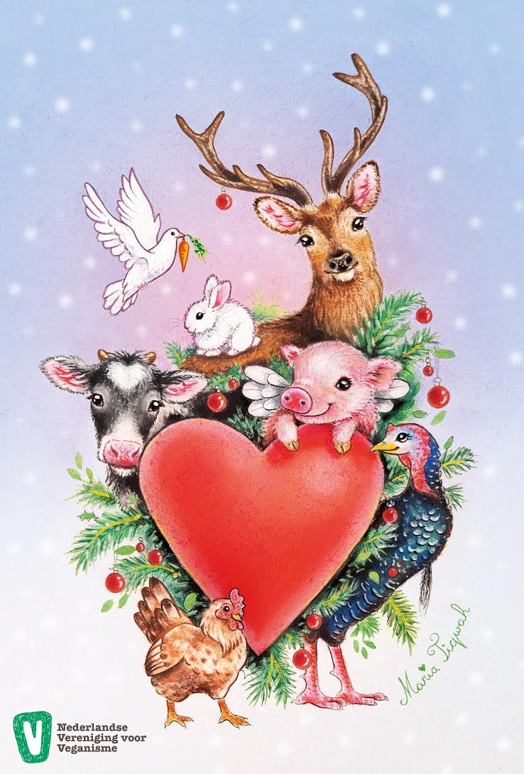 Kerstkaart dieren met hart