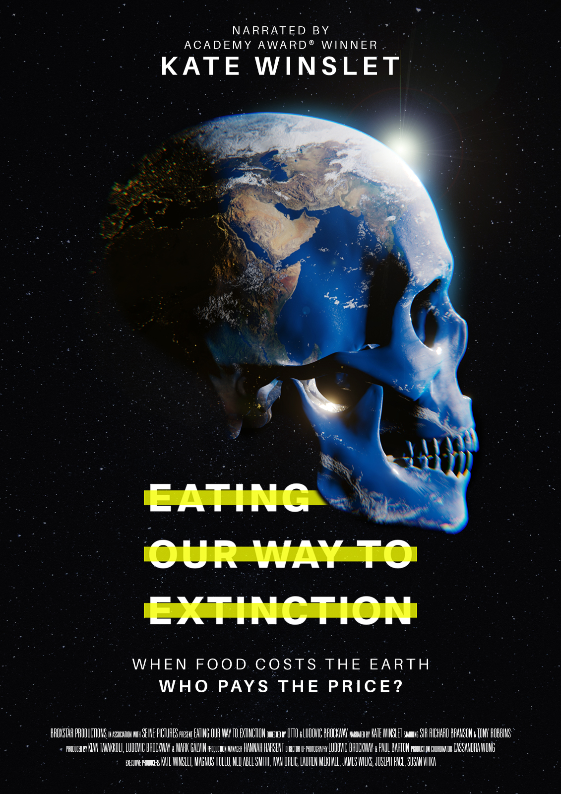 Poster van de film Eating Our Way to Extinction, met daarop de aardbol in de vorm van een schedel
