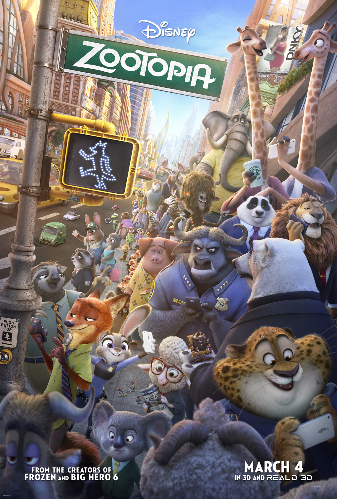 Poster van de film Zootopia, waarop allerlei geklede cartoondieren in een drukke stad staan