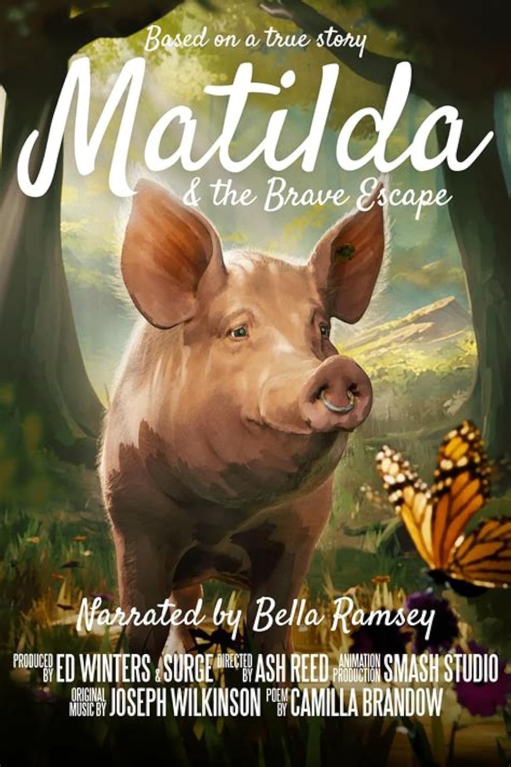Poster van de film Matilda & the Brave Escape met een varken en een vlinder afgebeeld in een bos