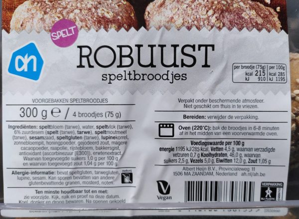AH Robuust speltbroodjes AH Robuust speltbroodjes, bevat honingpoeder en toch een vegan merkje