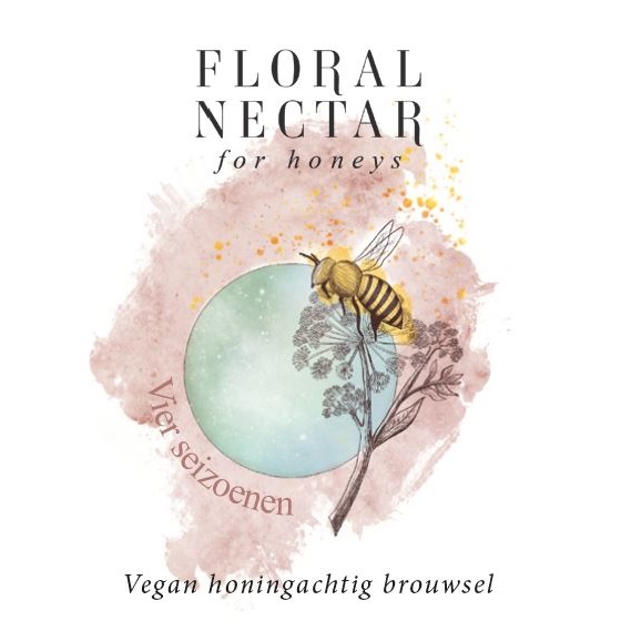 logo van Floral Nectar met de teksten 'for honeys', 'Vier seizoenen' en 'vegan honingachtig brouwsel'