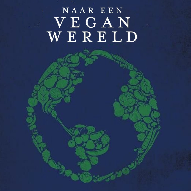 Boekcover Naar een vegan wereld met wereldbol opgebouwd uit groente en fruit