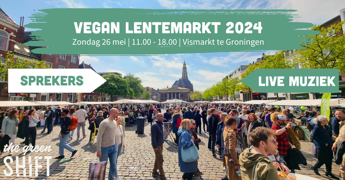 Aankondiging van de Vegan Lentemarkt 2024 op 26 mei in Groningen.