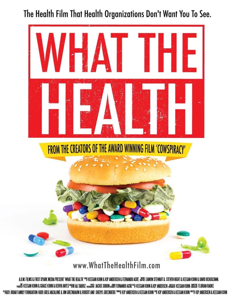 Poster van de film What the health, waarop een soort Big Mac staat, die voornamelijk gevuld is met bankbiljetten en medicijnen.