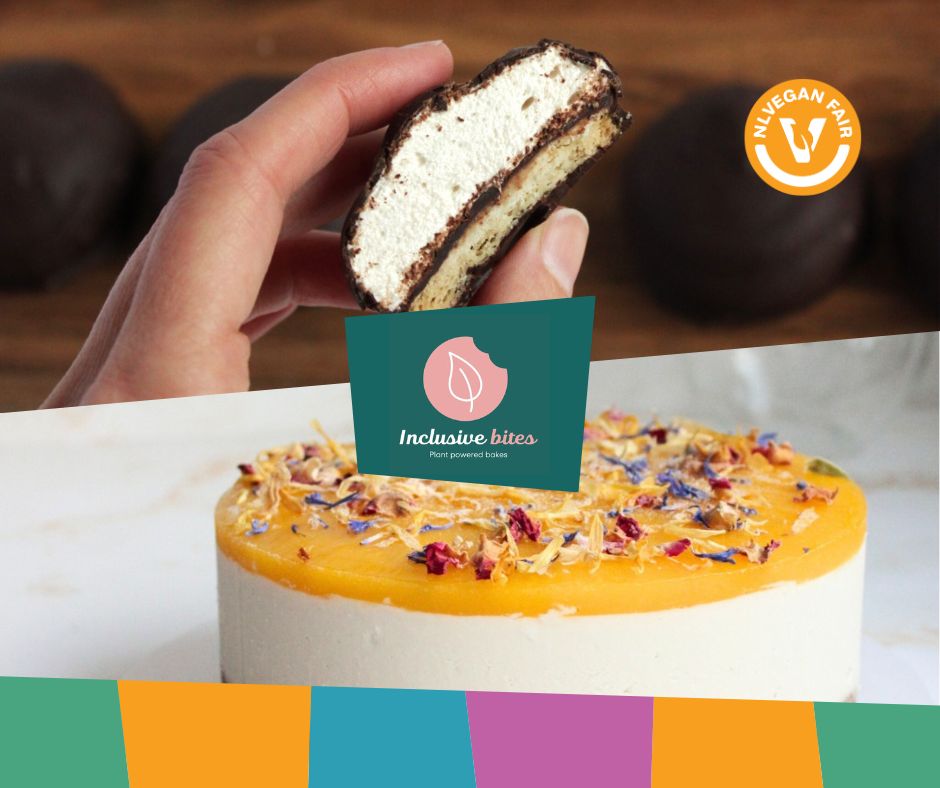 Inclusive-Bites-NLVegan-Fair-2025 Collega van een foto van een taart en een klein gebakje, met de tekst Inclusive Bites.