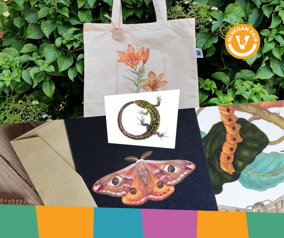 Lonneke-Grimbergen-Art-NLVegan-Fair-2025 Collage van illustraties en een tote bag met in het midden een logo van een hagedis in de vorm van een rondje.