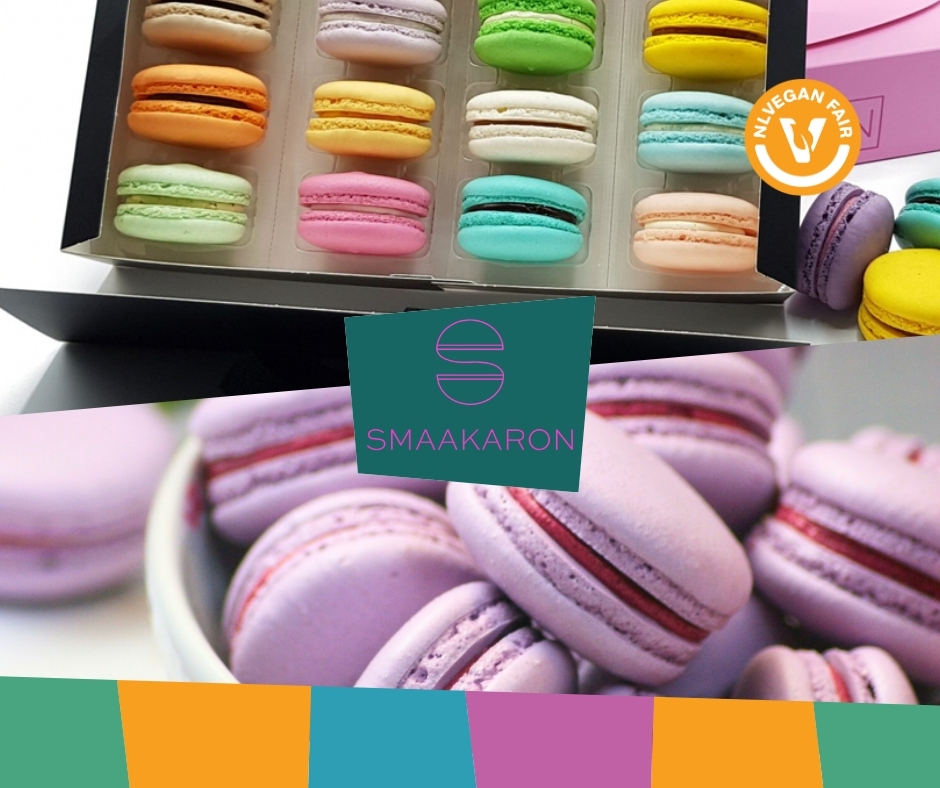 Verschillende kleuren macarons in een doos en in een schaal