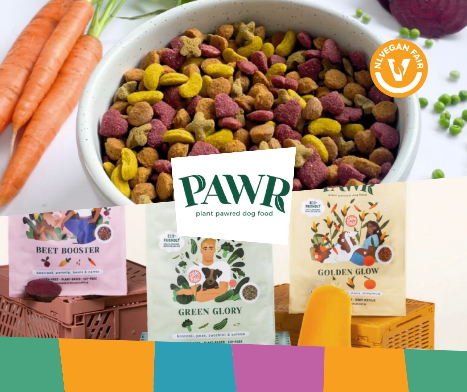 Een bak plantaardig hondenvoer van PAWR