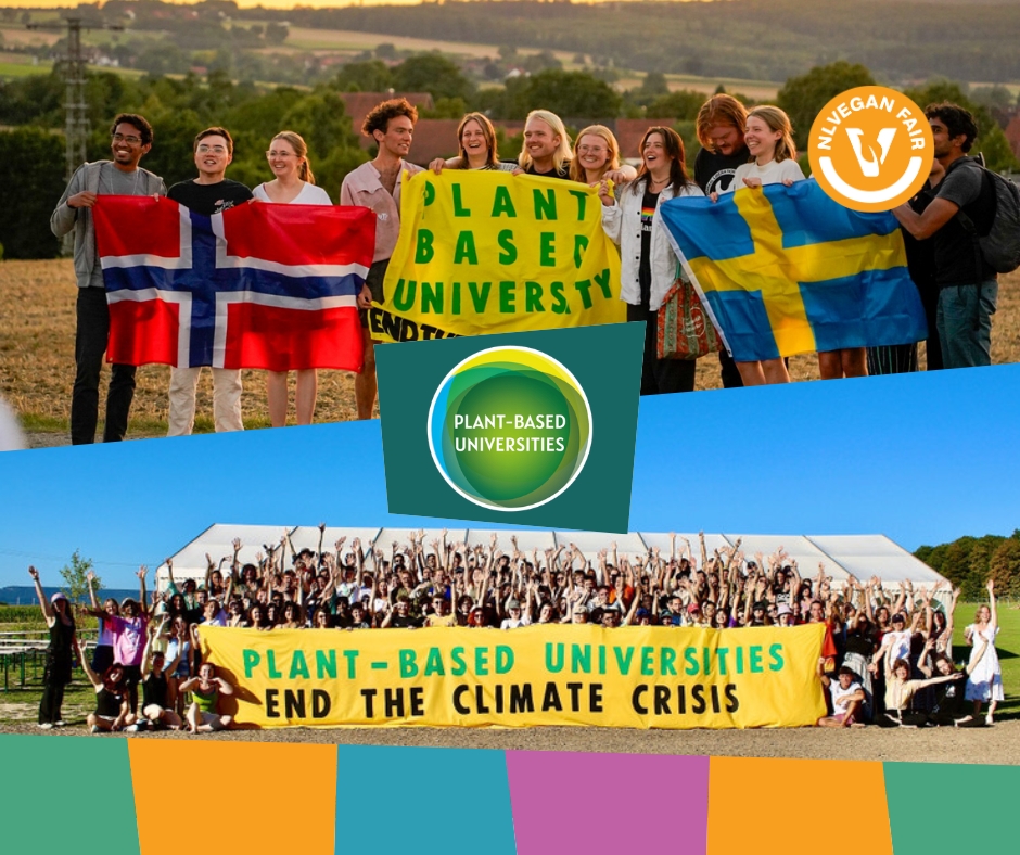 Een groep studenten met vlaggen van plantbased universities