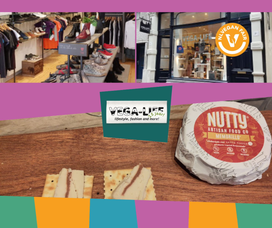 Collage met beelden van onder andere een winkel met schoenen en kleding, en beelden van kaas en toastjes. In het midden staat de tekst VEGA-LIFE en rechtsbovenin een rond logo van de NLVegan Fair.