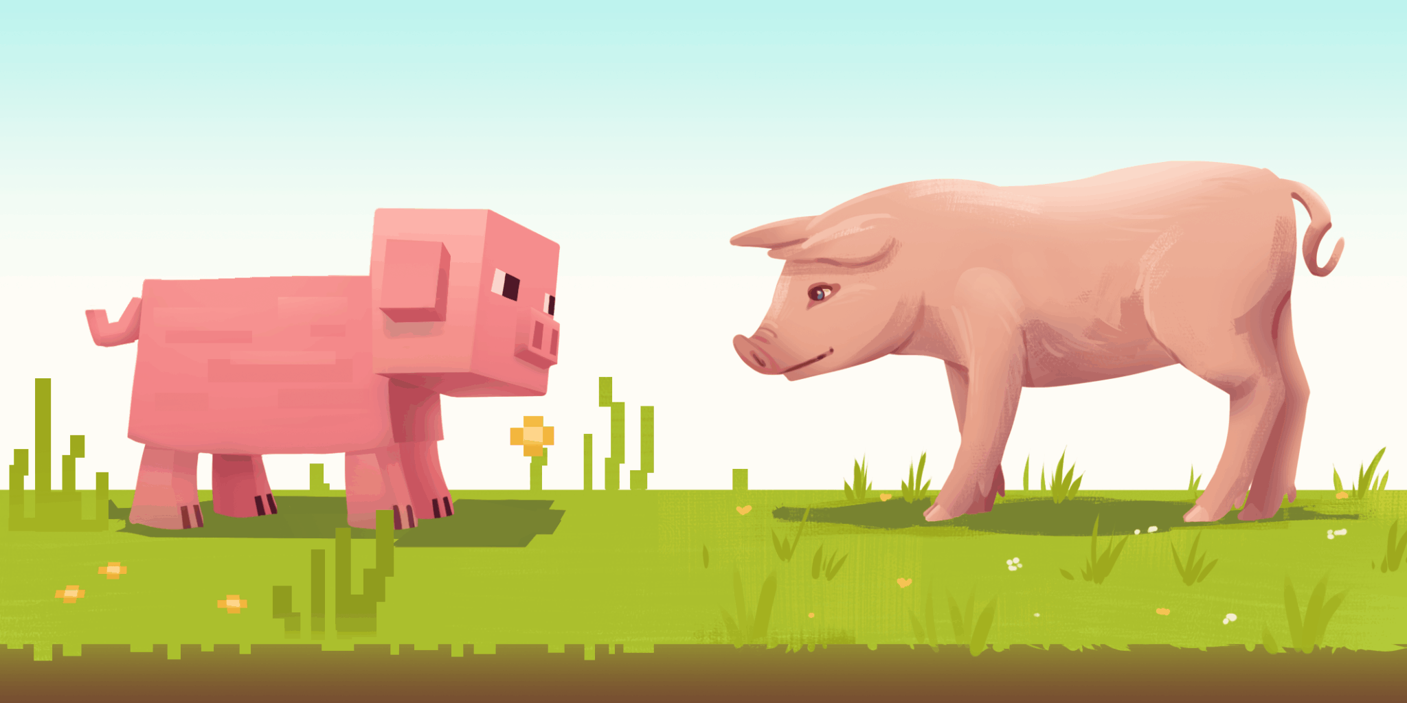 Tekening van twee varkens in een graslandschap die elkaar aankijken. De linker is pixelig en vierkant in de stijl van het spel Minecraft. De rechter is realistisch.