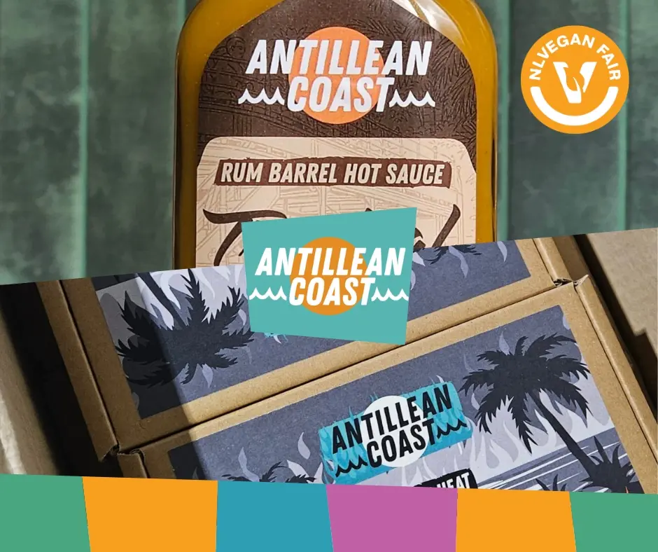 collage van scherpe sauzen van Antellean Coast met het logo van NLVegan Fair erop