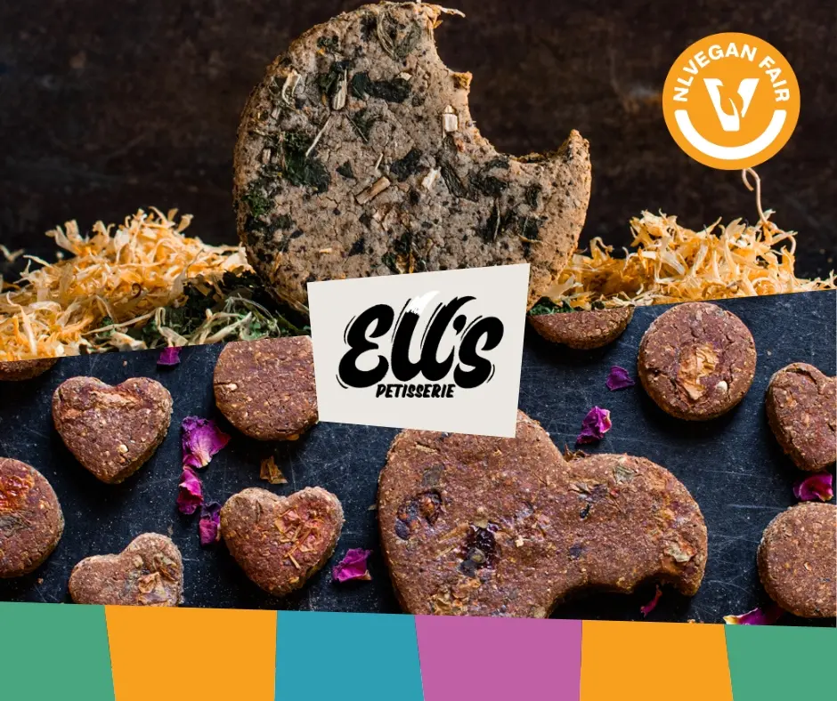 Collage vegan hondenkoekjes van Ell's Petisserie met het logo van NLVegan Fair erop.