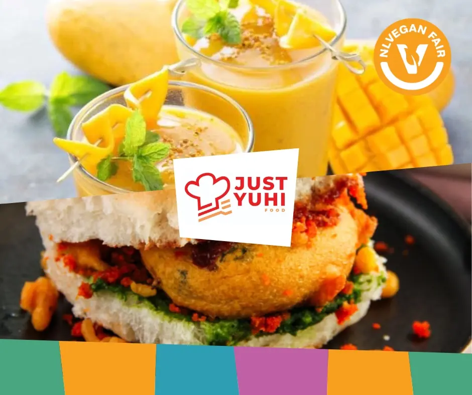 collage foto's Indiaas streetfood van Just Yuhi met logo vegan fair erop