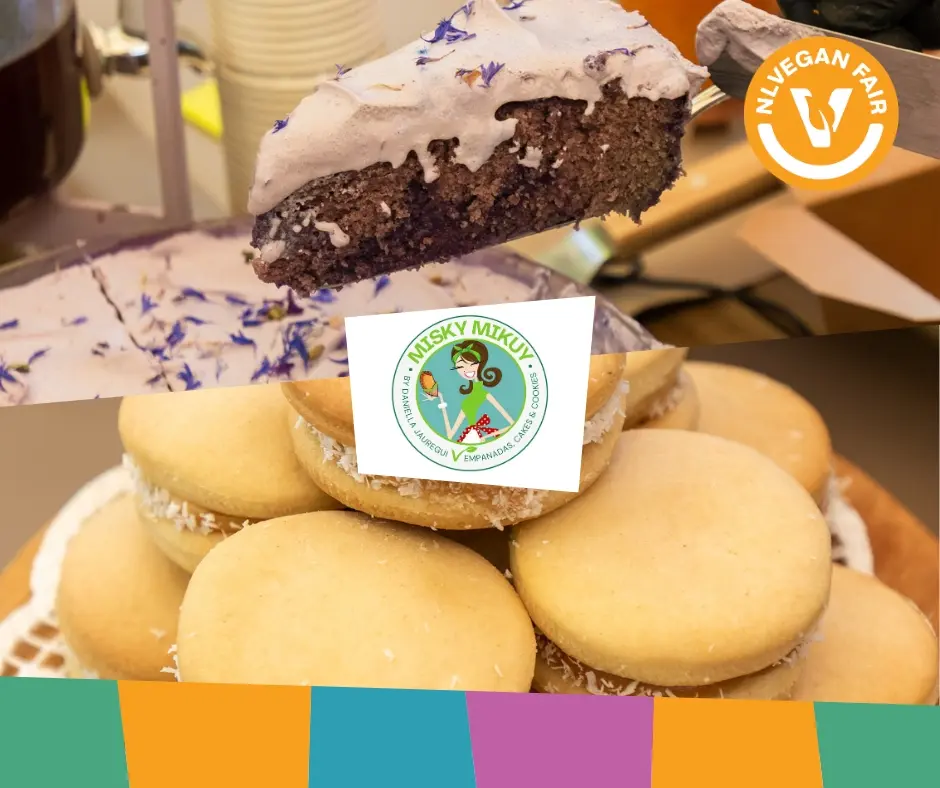 collage fotoś van gebak en koekjes van Misky Mikuy met logo NLVegan Fair erop