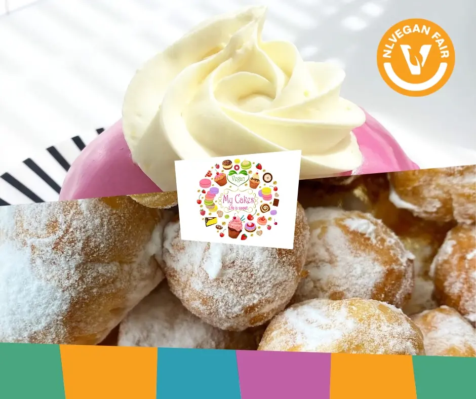 foto's van vegan slagroomsoesjes van My Cakes met logo NLVegan Fair erop