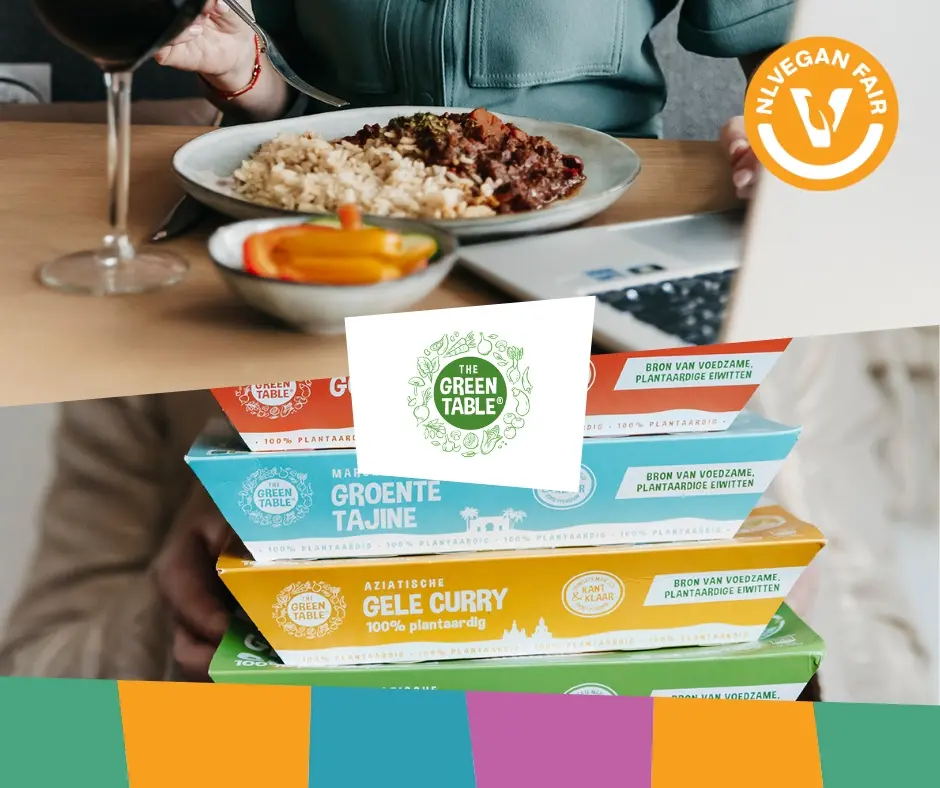 Collage van foto's kant-en-klaarmaaltijden van The Green Table met logo NlVegan Fair erop