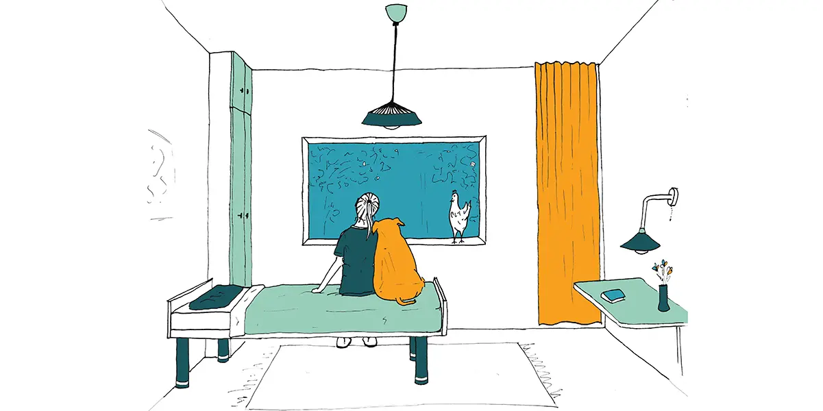 Illustratie van een persoon die op een bed zit, met een dier tegen diens schouder geleund. Samen kijken ze uit het raam, waar in de hoek een kip staat.