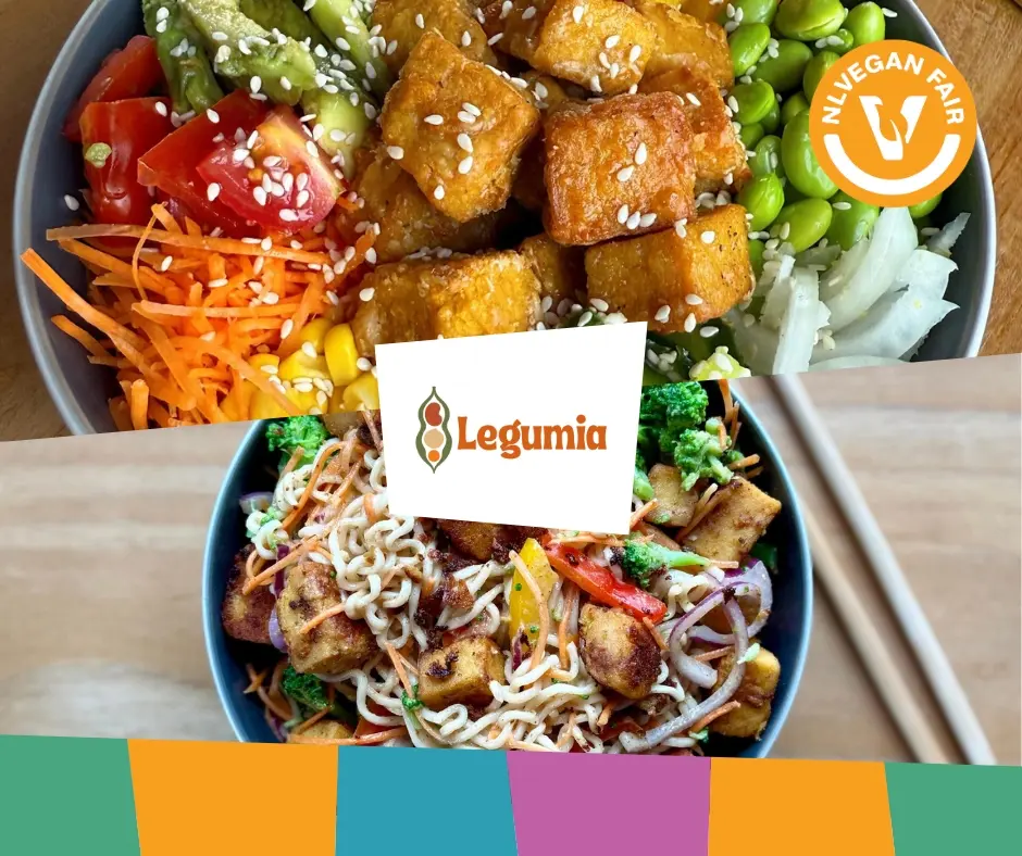 Twee foto's van warme gerechten met nofu met daarvoor het logo van Legumia en NLVegan Fair