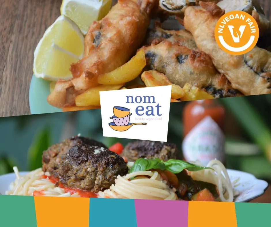 Twee gerechten met daarvoor het logo van Nom Eat en NLVegan Fair