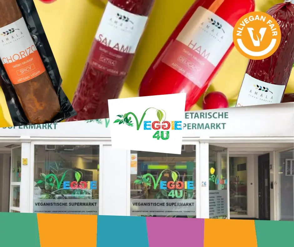 Een afbeelding van vegan worsten en de veganistische supermarkt Veggie4U
