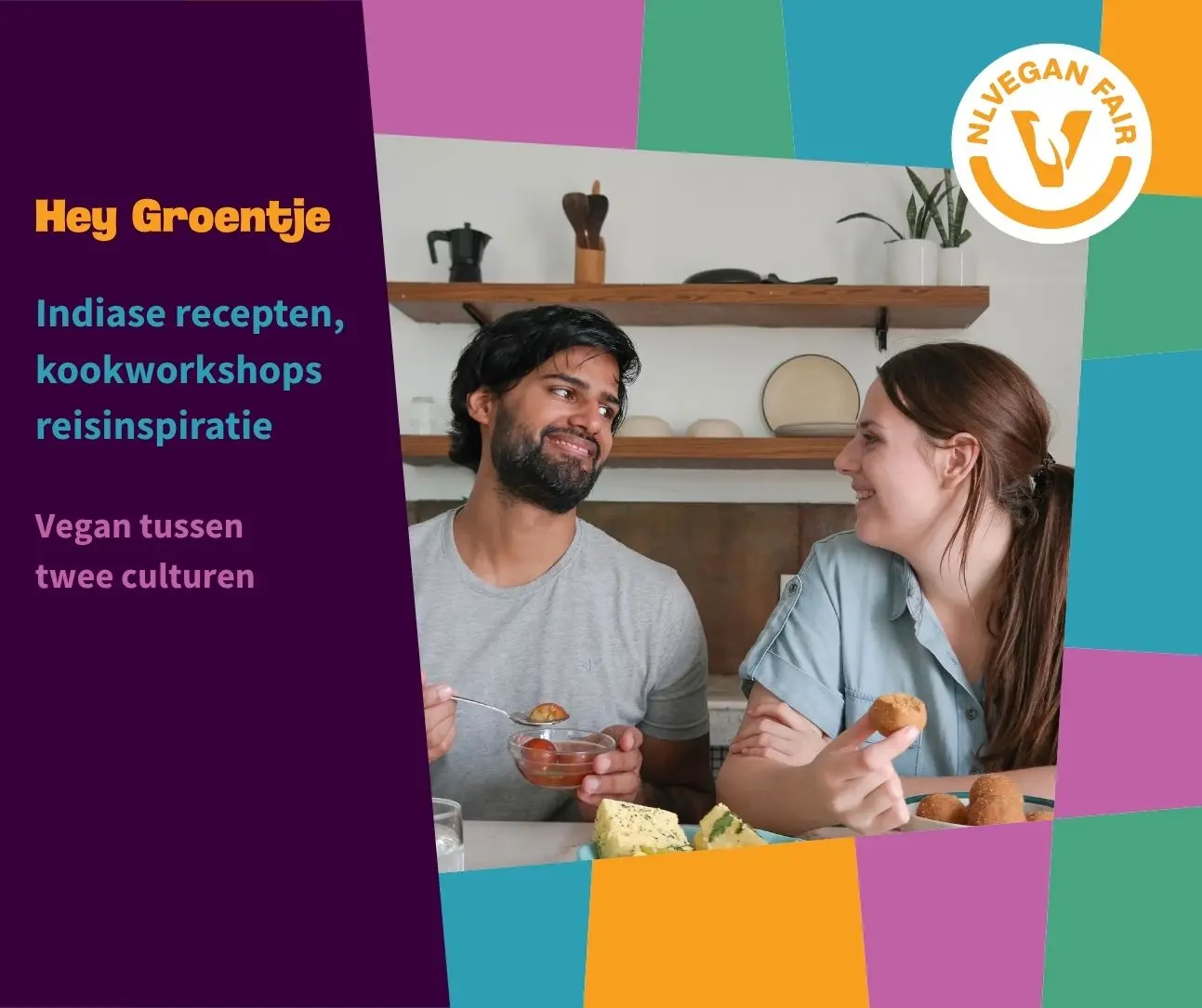 Fotoframe Hey Groentje Kleurig frame met daarin een foto van de twee eigenaren van Hey Groentje die elkaar aankijken. Aan de zijkant staat de tekst: Hey Groentje. Indiase recepten, kookworkshops reisinspiratie. Vegan tussen twee culturen.