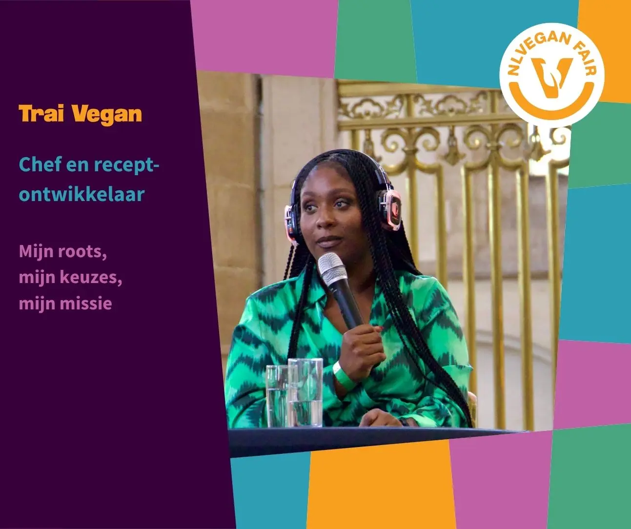 Fotoframe Trai Vegan Kleurig fotoframe met daarin een foto van Traienne Watson met daarnaast de tekst: Trai Vegan - Chef en receptenontwikkelaar - Mijn roots, mijn keuzes, mijn missie