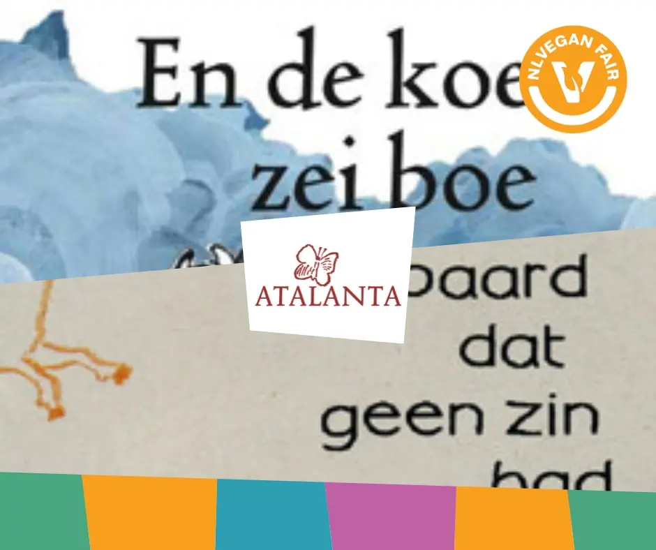 Atalante_Veganfair_2026 Twee kaarten met versjes En de koe zei boe en het paard dat geen zin had met daarop het logo van Atalanta en NLVegan Fair