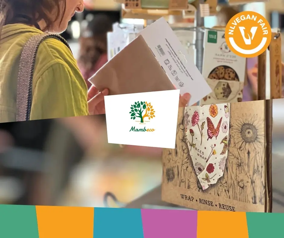 Mambeco_Veganfair_2026 Twee fotoś van producten van Mambeco met daarvoor hun logo en het logo van NLVegan Fair