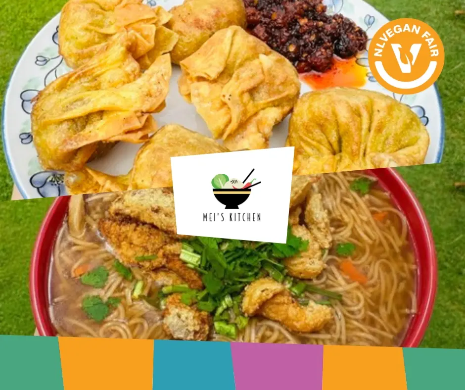 Mei’s Kitchen_Veganfair_2026 Twee afbeeldingen van vegan streetfood met daarvoor het logo van Mei's Kitchen en het logo van NLVegan Fair.