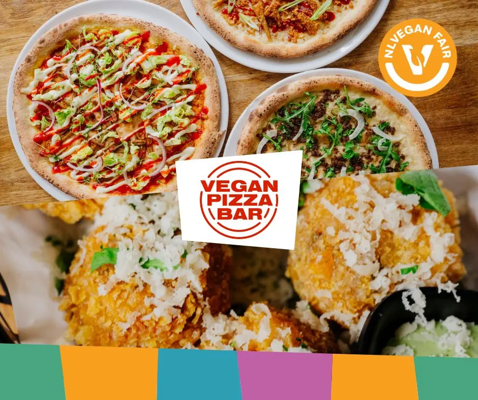 Vegan Pizza Bar_Veganfair_2026 Afbeeldingen van vegan pizza's met daarvoor het logo van Vegan Pizza Bar en NLVegan Fair.