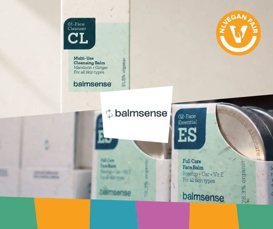 Balmsense_Veganfair_2026 Afbeeldingen van balms en crèmes van Balmsense met daarvoor hun logo en dat van NL Vegan Fair.