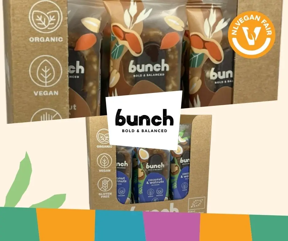 Plaatjes met verschillende chocolade dadelrepen met daarvoor het logo van Bunch, Bold & Balanced en het logo van NLVegan Fair.