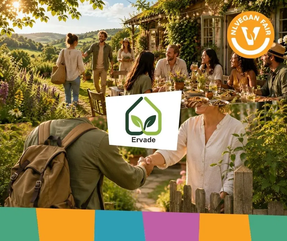 Ervade_NLVegan_fair Twee afbeeldingen van blije mensen die elkaar ontmoeten in de natuur met het logo van Ervade en NLVegan Fair