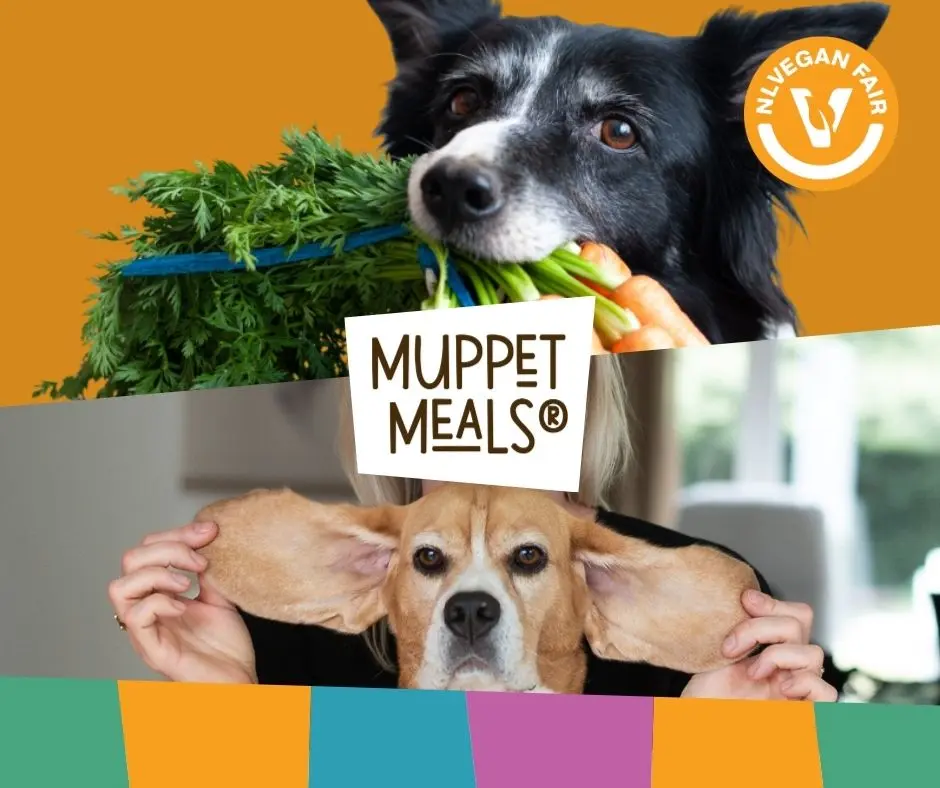 Muppet Meals_veganfair_2026 Twee foto's van honden met groente met daarvoor hun logo van Muppet Meals en het logo van NLVegan Fair.