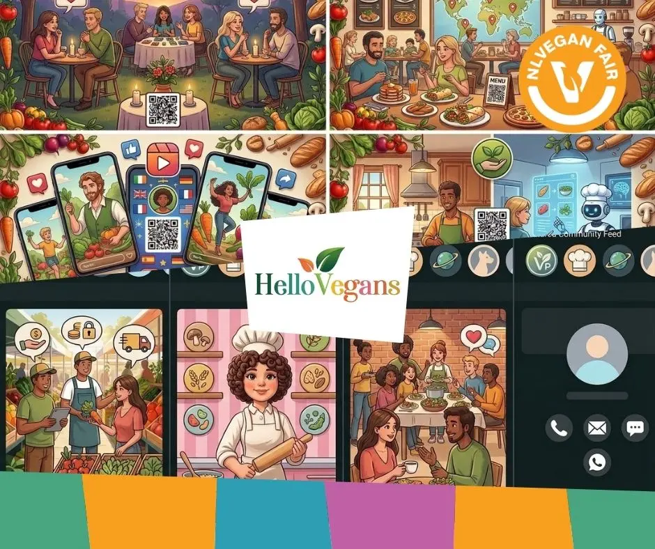 Tekeningen van vegans in een restaurant, in een keuken, op hun telefoon en in de supermarkt. Daarvoor het logo van Hello Vegans en het logo van NLVegan Fair.