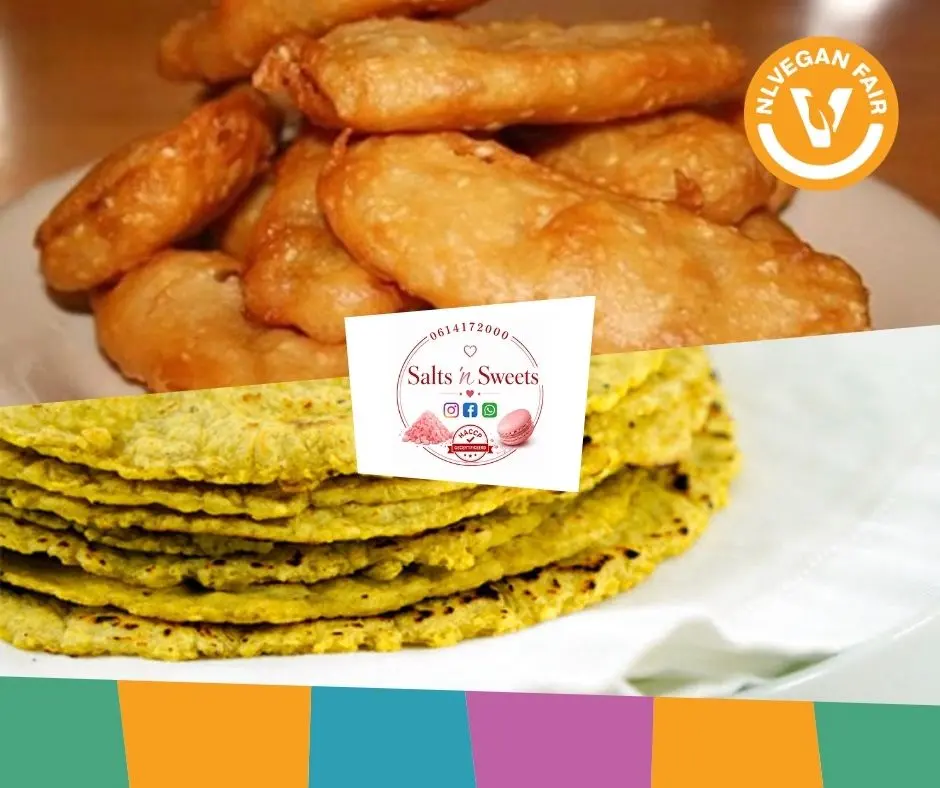 Twee foto's van Surinaamse hapjes met daarvoor het logo van Salts 'n Sweets en het logo van NLVegan Fair.