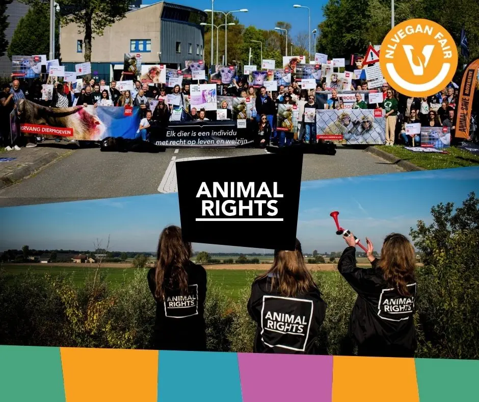 Stichting Animal Rights_Veganfair_2026 Een foto van een demonstratie van Animal Rights en daaronder een foto van 3 activisten met daarvoor het logo van Animal Rights en dat van NL Vegan Fair.