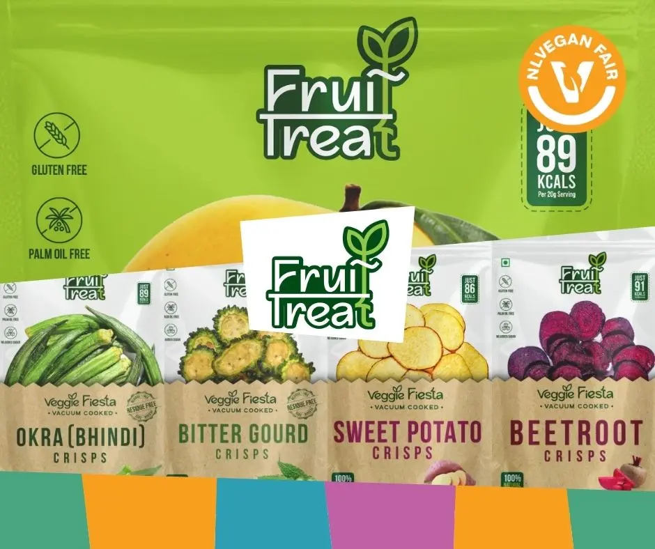 Vayuimex_Fruit Treats_Veganfair_2026 Afbeeldingen van groente- en fruitchips met het logo van Fruit Treat en NLVegan Fair