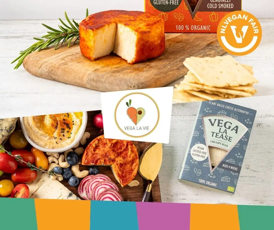 Vega la Vie_veganfair_2026 Drie afbeeldingen van vegan kazen van Vega La Vie met daarvoor hun logo en het logo van NLVegan Fair