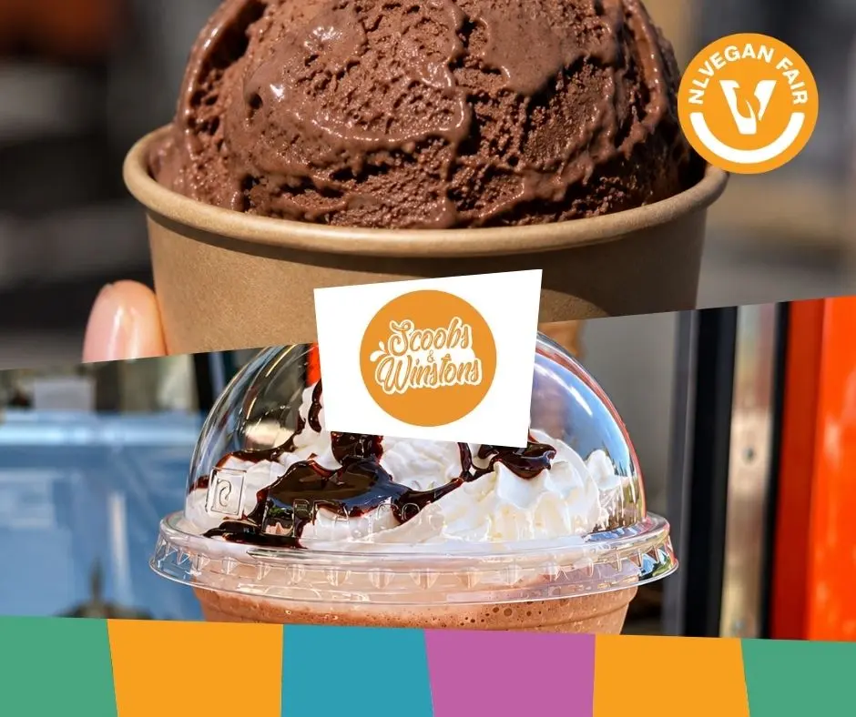 Twee afbeeldingen van de lactosevrije desserts van Scoobs & Winstons met daarvoor hun logo en dat van NLVegan Fair.