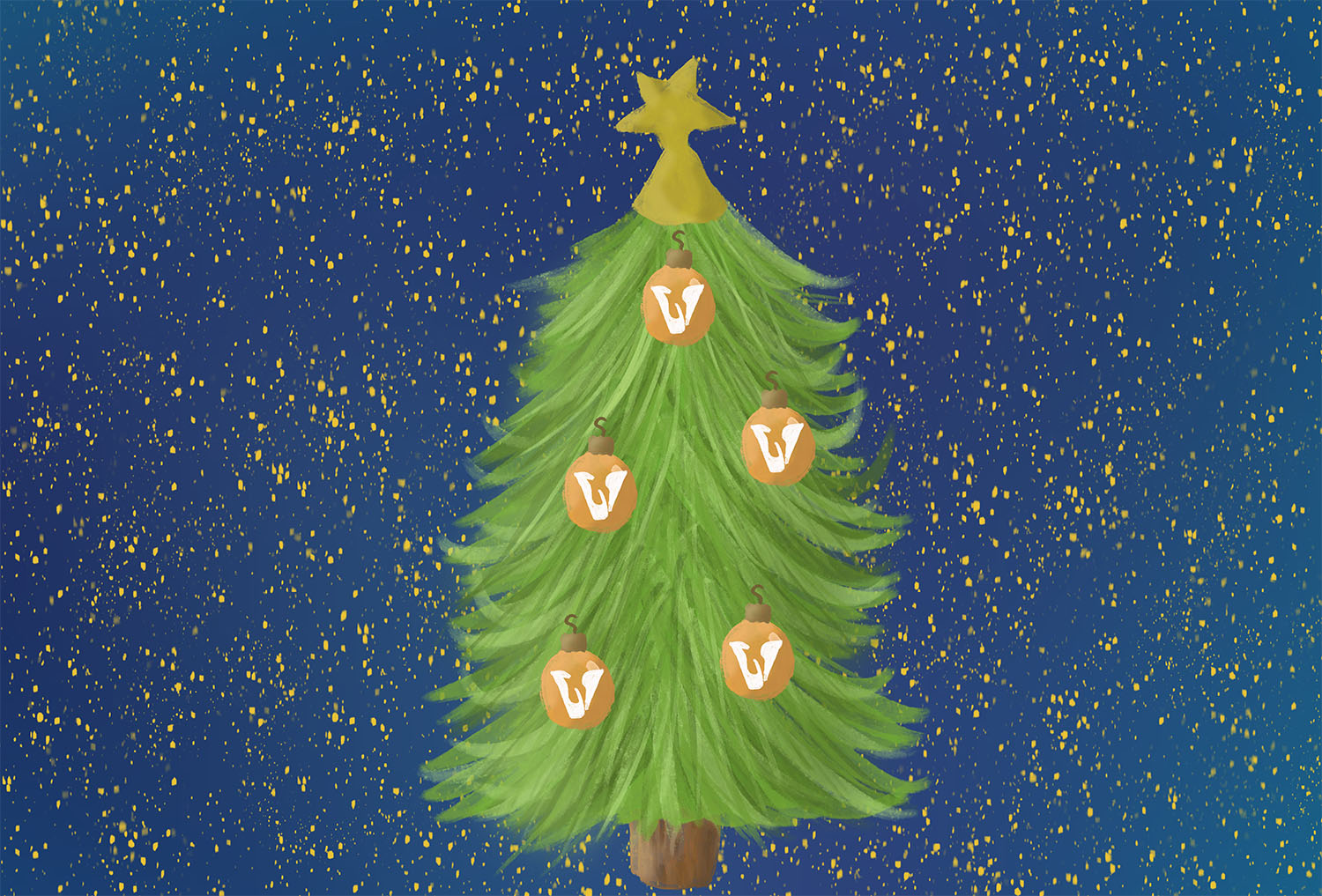 Illustratie van kerstboom met oranje NVV-kerstballen. Op de blauwe achtergrond ook gouden sterren