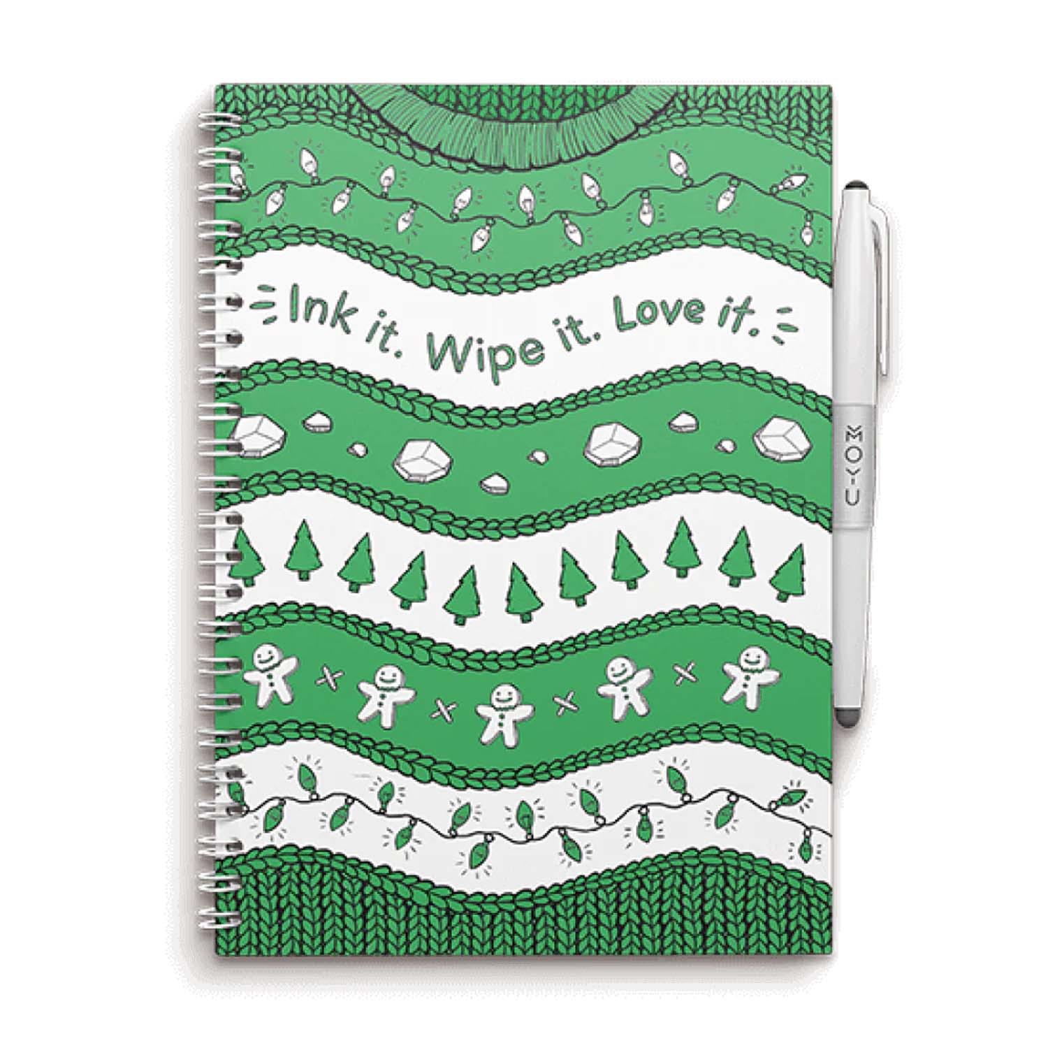 Moyu notitieboekje met groen-witte kerst illustraties en tekst 'ink it, wipe it, love it'