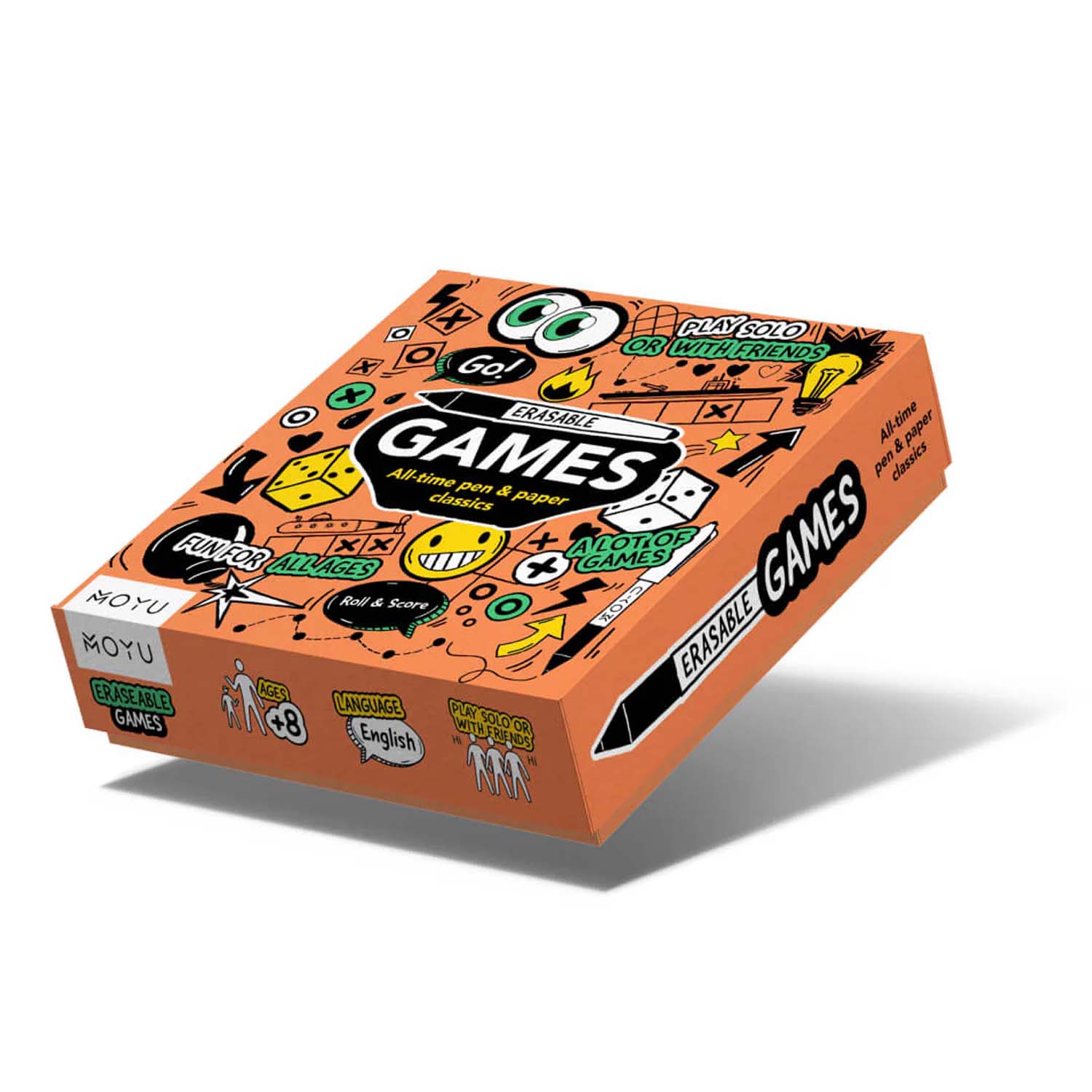 Games all time pen and paper classics box, oranje met groene en gele elementen en verder zwart-wit. Schaduw op de achtergrond