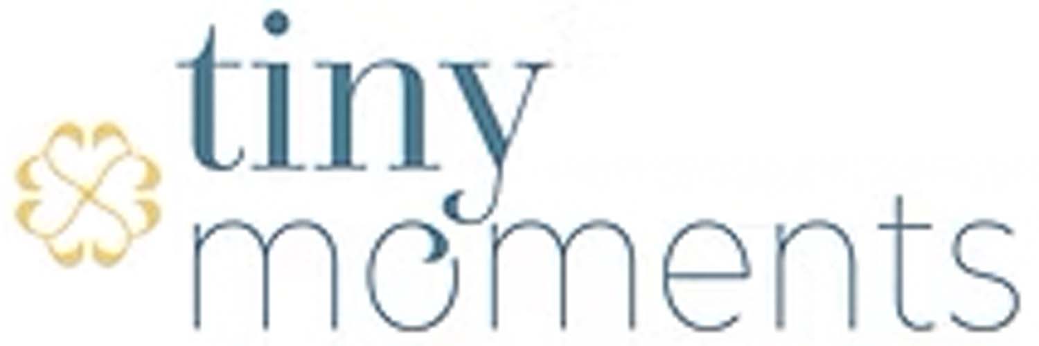 Logo van Tiny moments in blauw met gouden icoontje aan de linkerkant