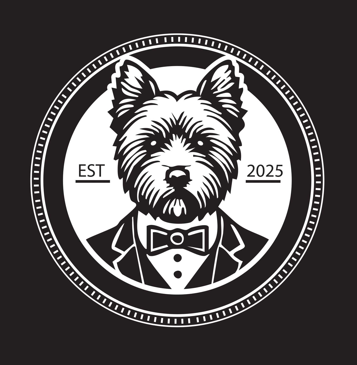 Logo van Vivadoco in zwart wit. Een Malthezer hondje met een strikje en 'est 2025' erop